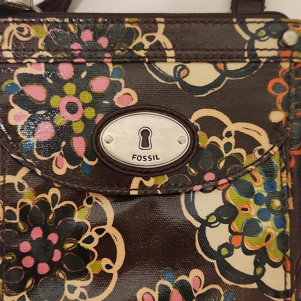 Fossil Women's Key-Per Boho Hippie Dark Brown Floral Canvas Strap Crossbody Bag